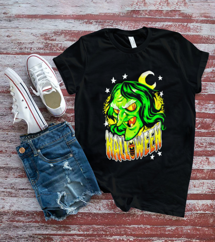 Halloween Witch Green Face Crescent Moon And Stars T-Shirt