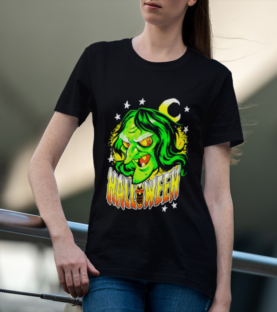 Halloween Witch Green Face Crescent Moon And Stars T-Shirt