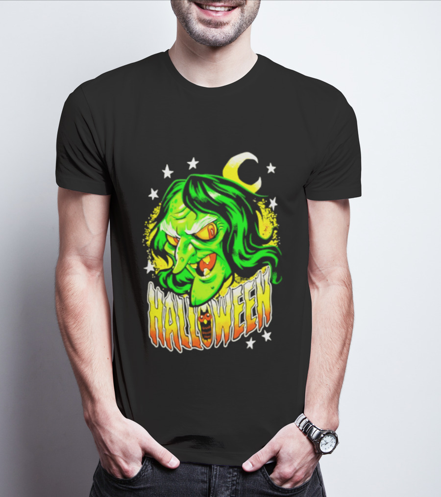 Halloween Witch Green Face Crescent Moon And Stars T-Shirt