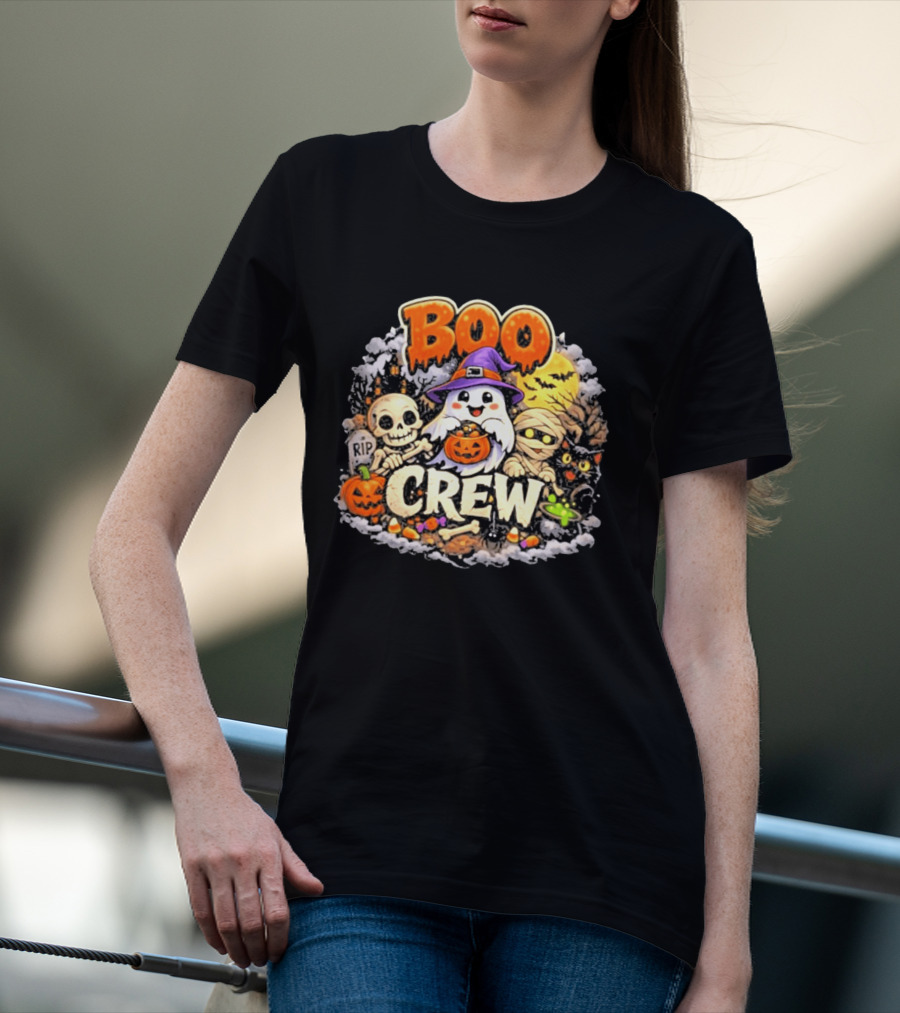 Boo Crew Ghost Halloween Skeleton Mummy Black Cat Pumpkin T-Shirt