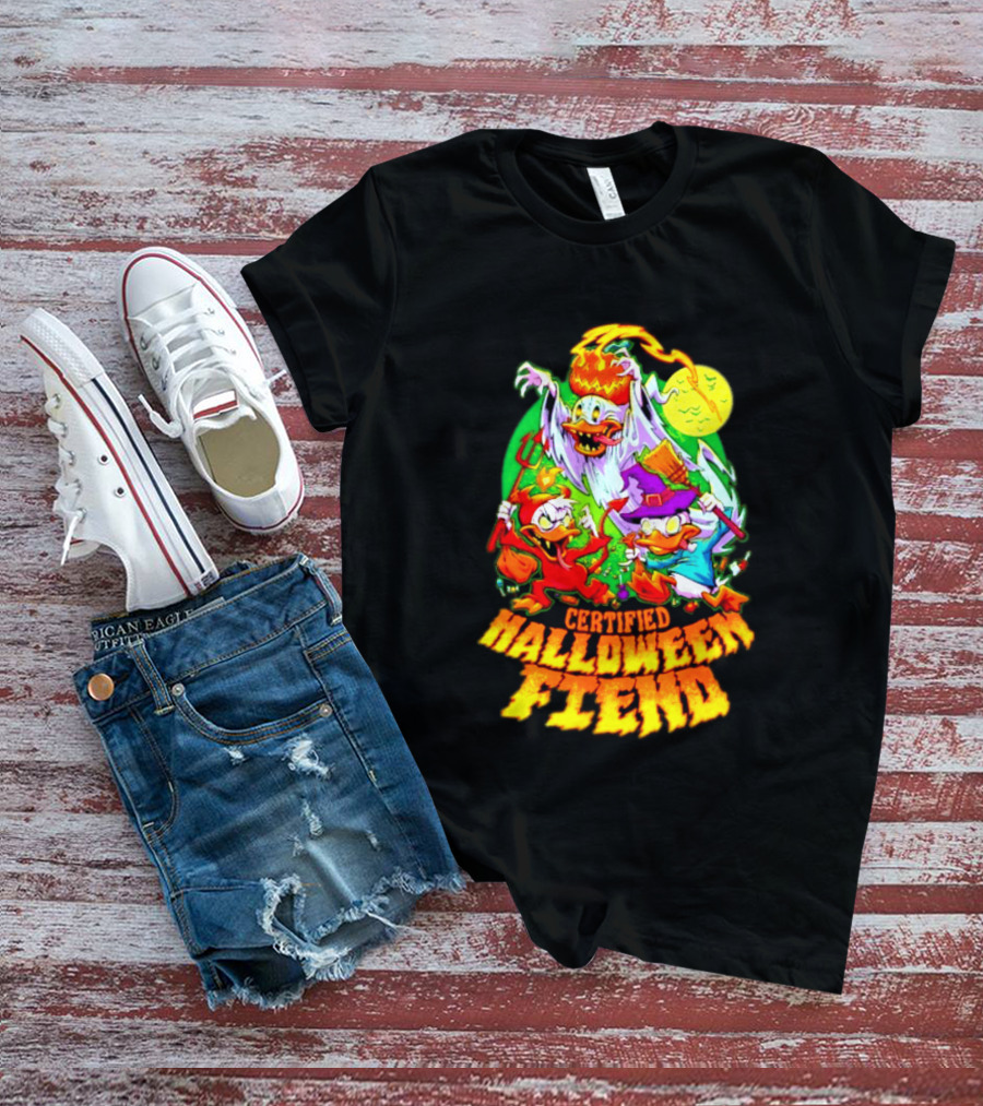 Certified Halloween Fiend Donald Duck Huey Dewey Louie Ghost Witch Devil Moon Scene T-Shirt