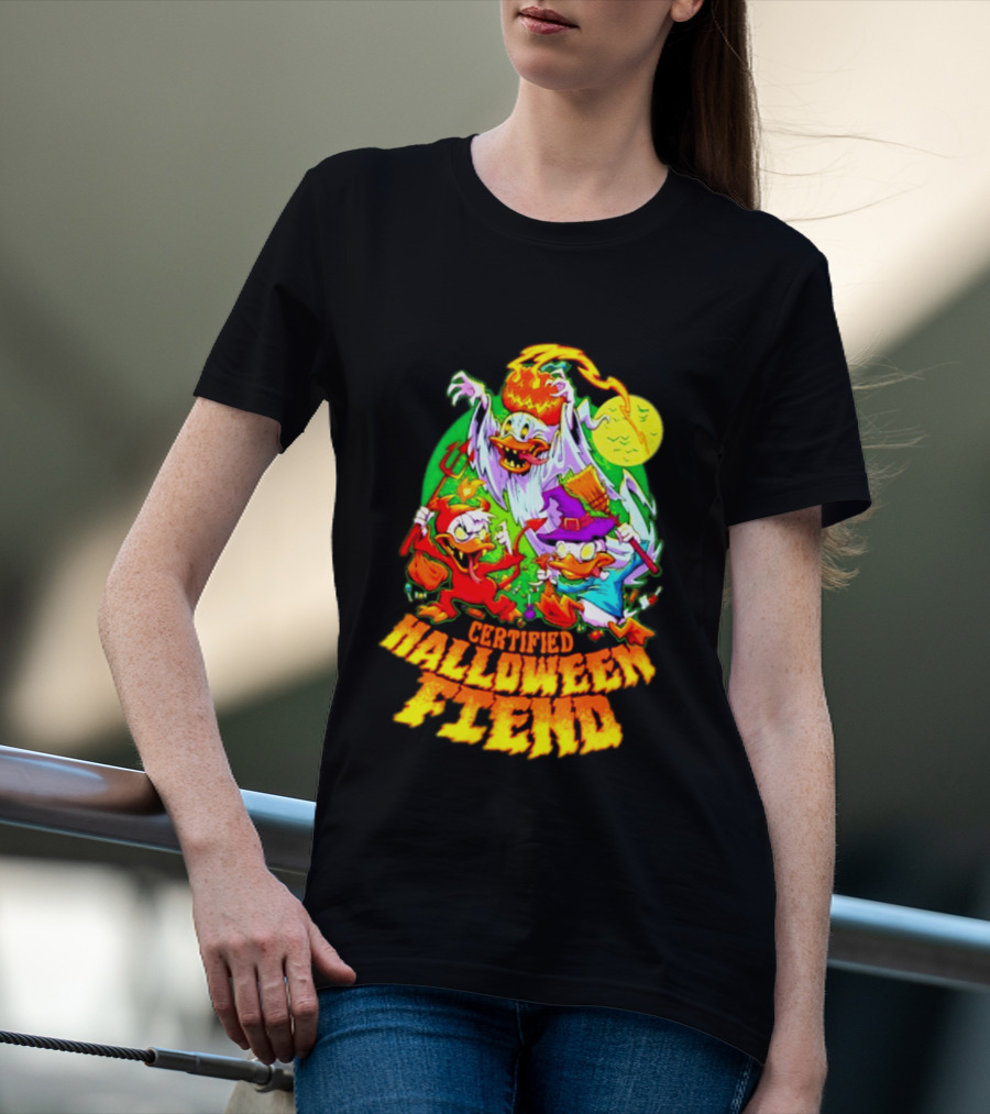 Certified Halloween Fiend Donald Duck Huey Dewey Louie Ghost Witch Devil Moon Scene T-Shirt