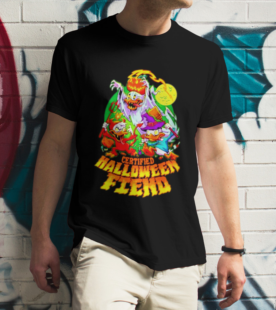Certified Halloween Fiend Donald Duck Huey Dewey Louie Ghost Witch Devil Moon Scene T-Shirt