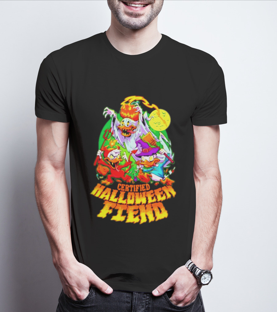 Certified Halloween Fiend Donald Duck Huey Dewey Louie Ghost Witch Devil Moon Scene T-Shirt