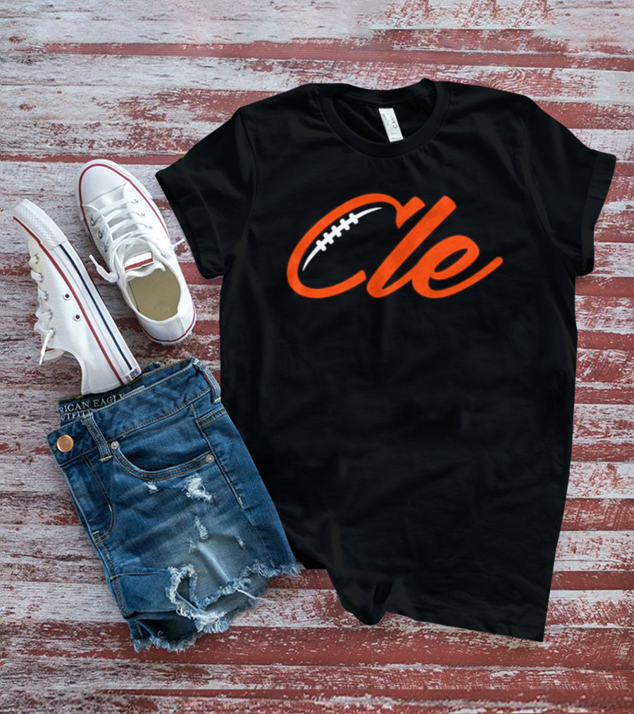 Cleveland Browns Cle Football Team Cle Script Text With Football Stitching T-Shirt