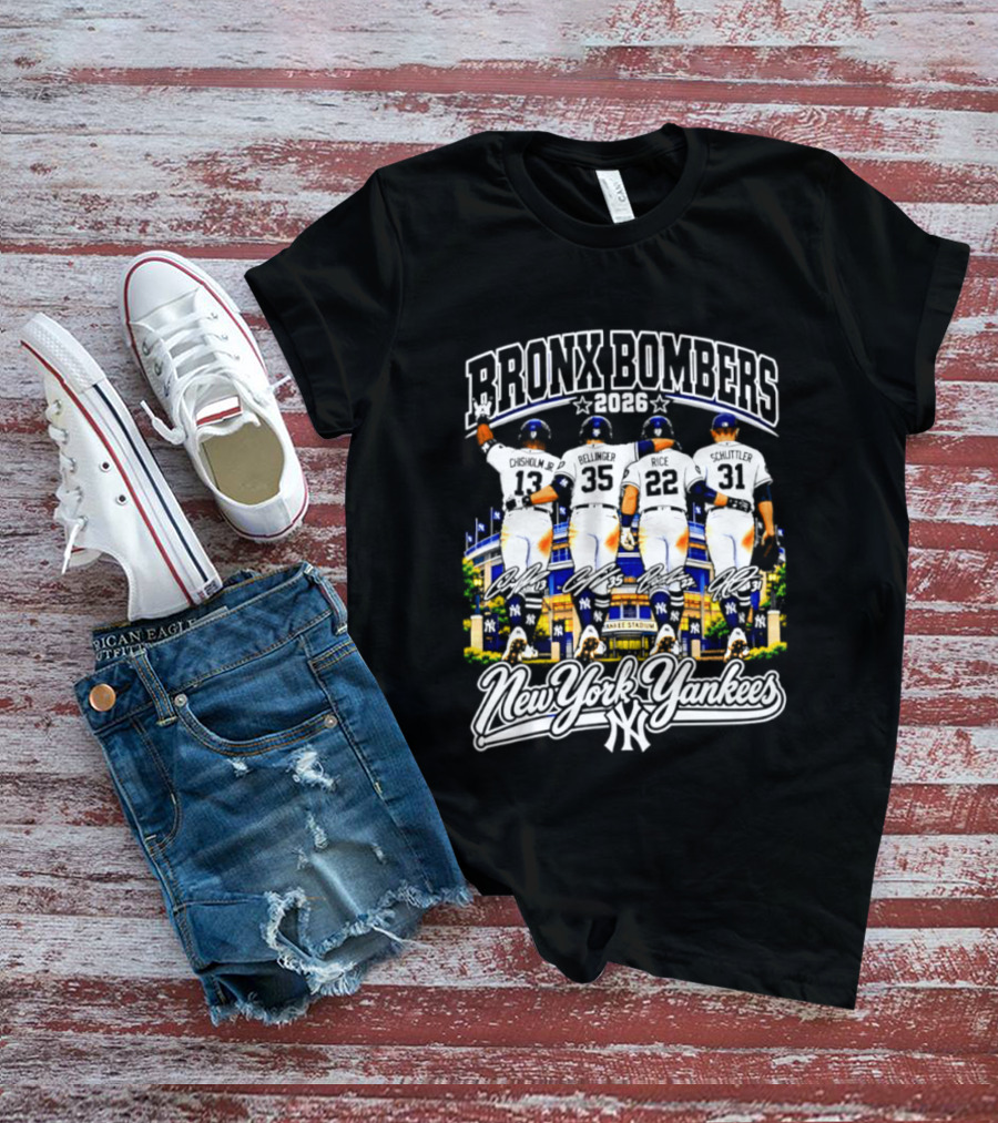 New York Yankees Bronx Bombers 2026 Chisholm Jr Bellinger Rice Schlittler Numbers 37 45 22 31 T-Shirt