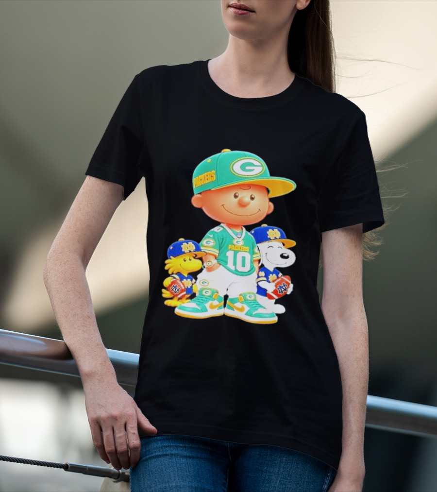 Peanuts Green Bay Packers Notre Dame Fighting Irish Football Characters Charlie Brown Snoopy Woodstock T-Shirt