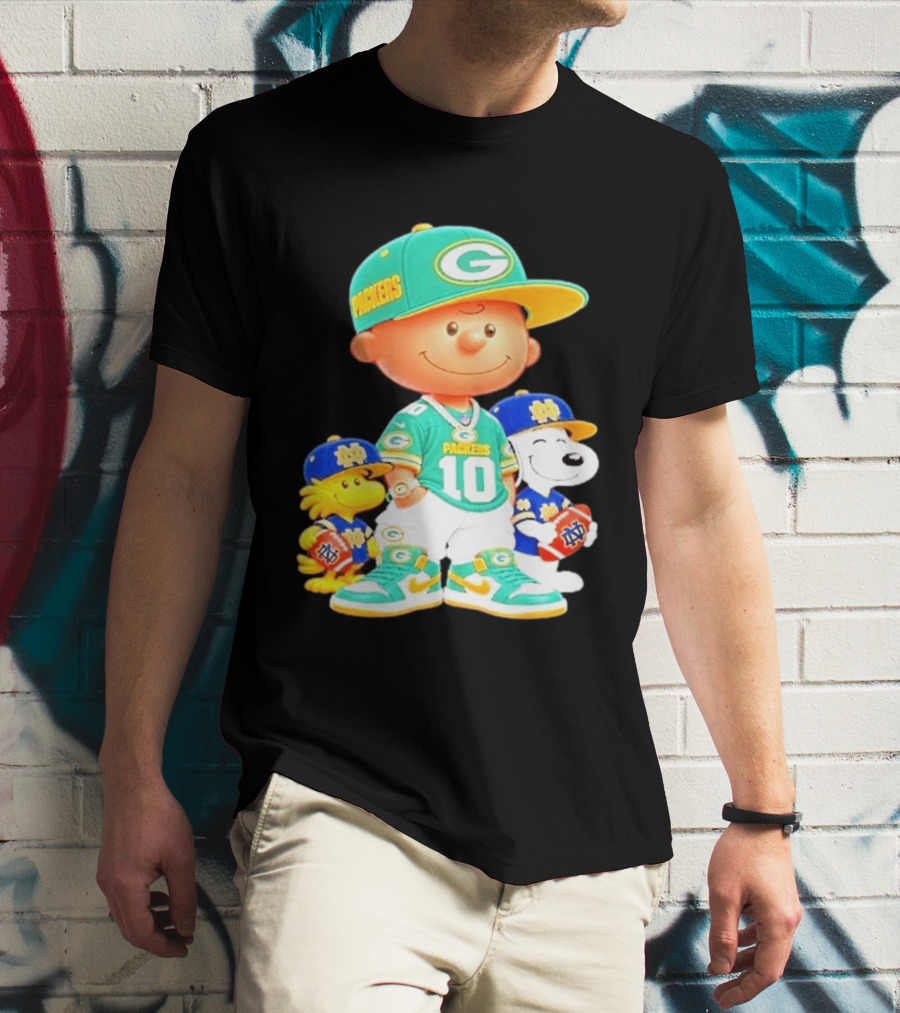 Peanuts Green Bay Packers Notre Dame Fighting Irish Football Characters Charlie Brown Snoopy Woodstock T-Shirt