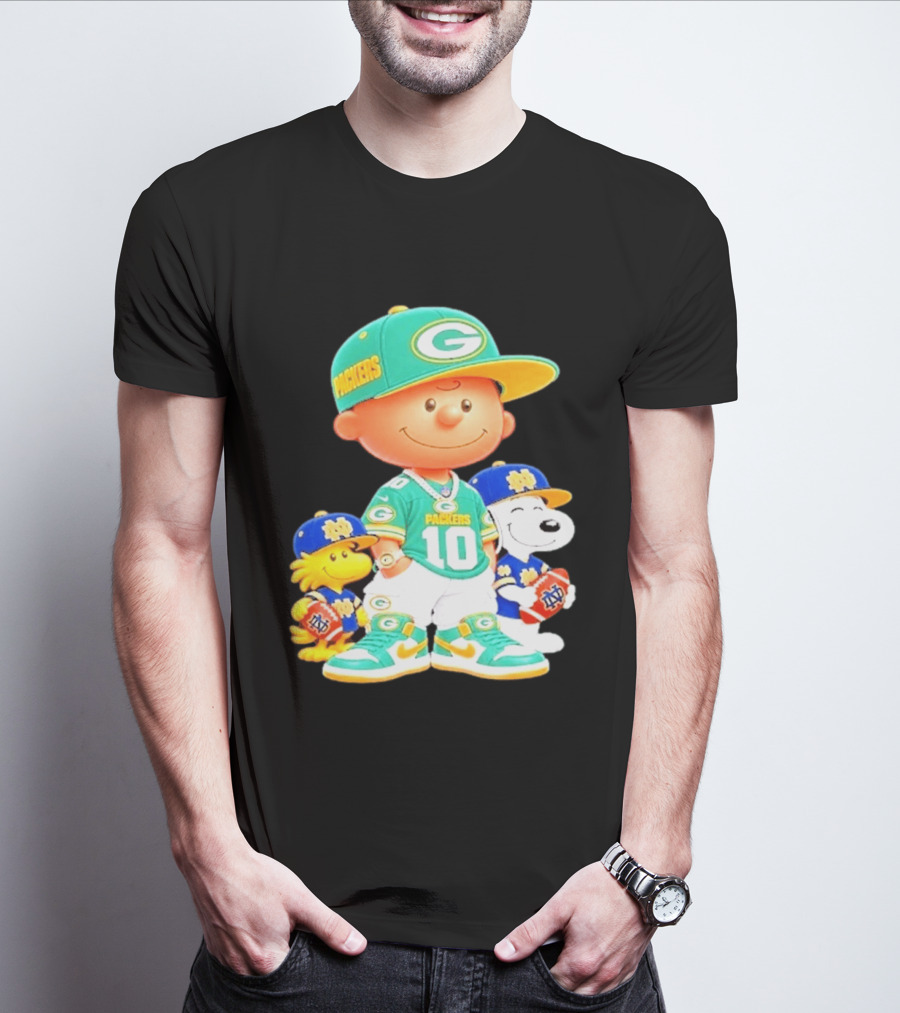 Peanuts Green Bay Packers Notre Dame Fighting Irish Football Characters Charlie Brown Snoopy Woodstock T-Shirt