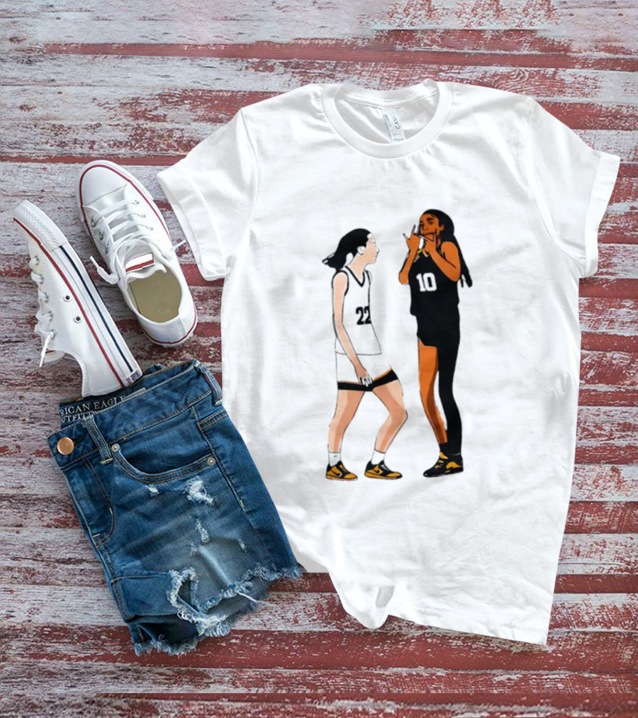 Caitlin Clark Angel Reese Iowa Hawkeyes LSU Tigers Basketball Rivalry Caricatures T-Shirt