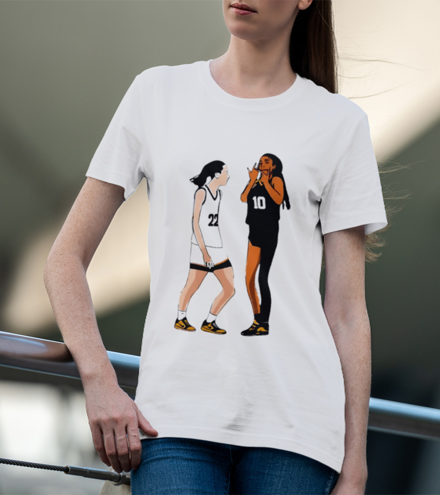 Caitlin Clark Angel Reese Iowa Hawkeyes LSU Tigers Basketball Rivalry Caricatures T-Shirt