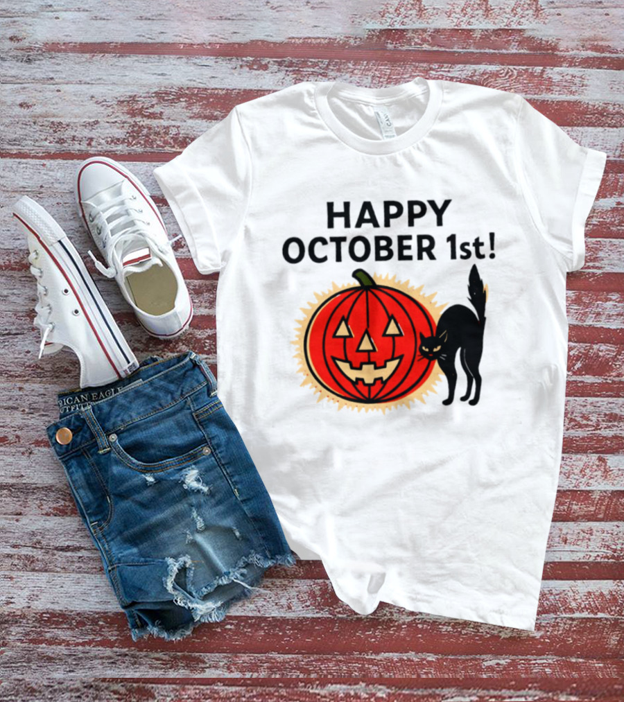Happy October 1st Pumpkin Black Cat Halloween Celebration T-Shirt