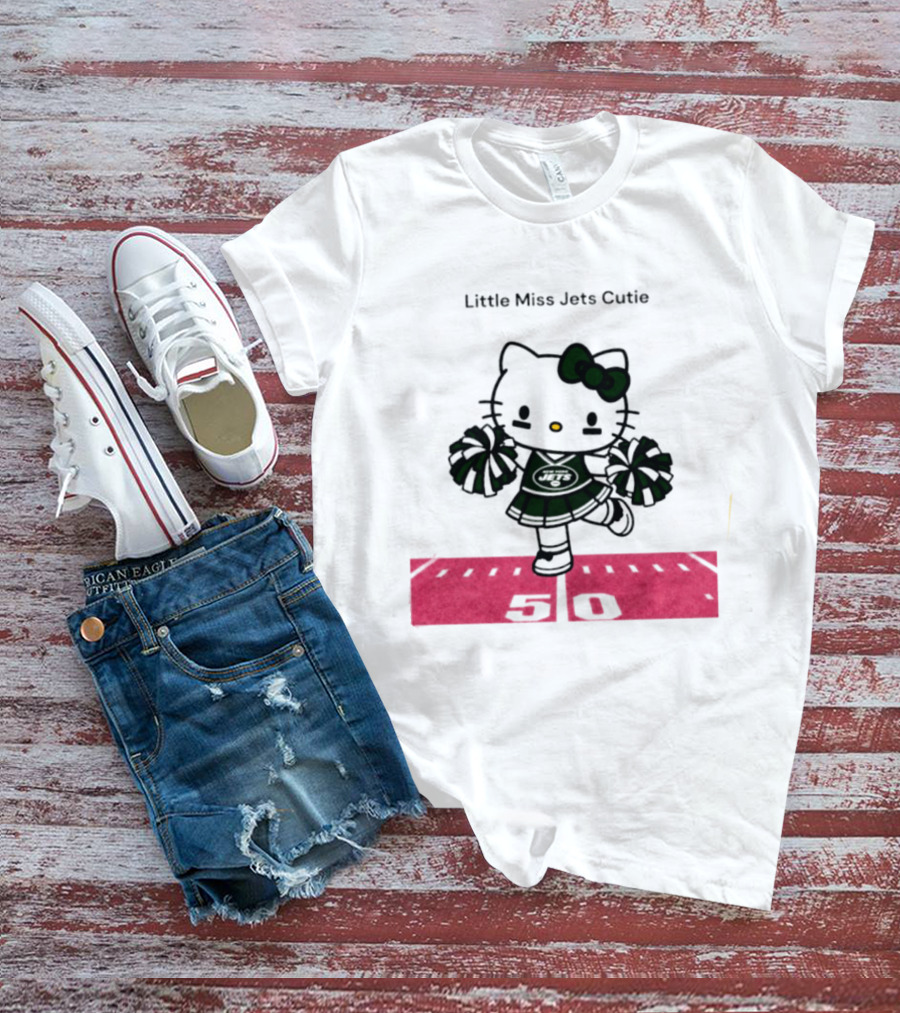 New York Jets Hello Kitty Little Miss Cutie Football Cheerleader On 50 Yard Line T-Shirt