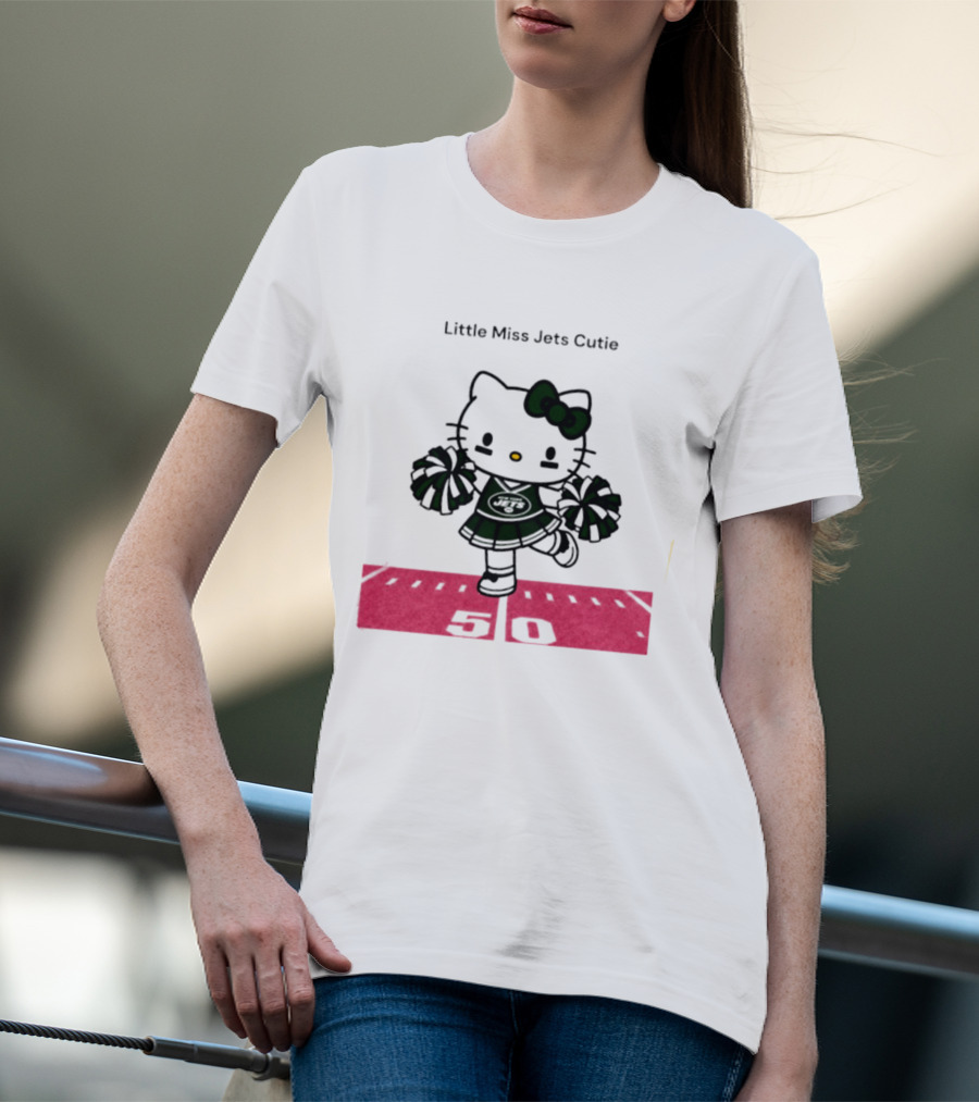 New York Jets Hello Kitty Little Miss Cutie Football Cheerleader On 50 Yard Line T-Shirt