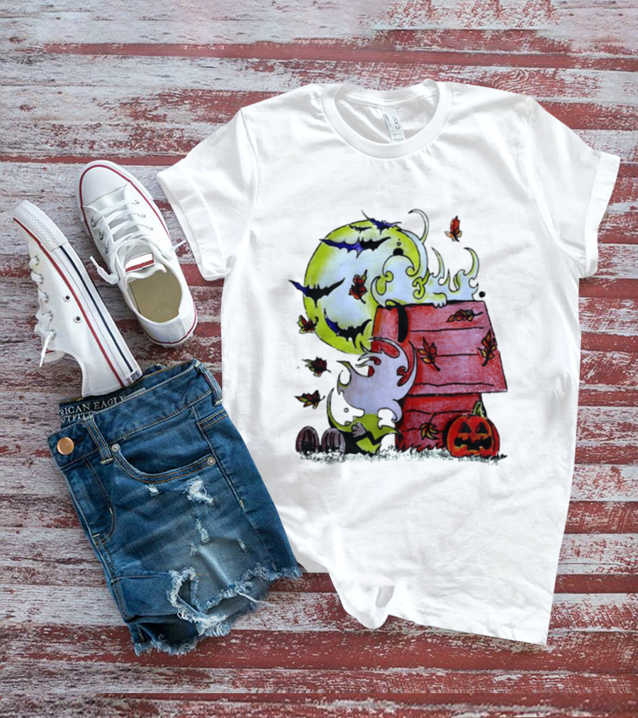 Snoopy Halloween Peanuts Moon Pumpkin Bats And Leaves T-Shirt