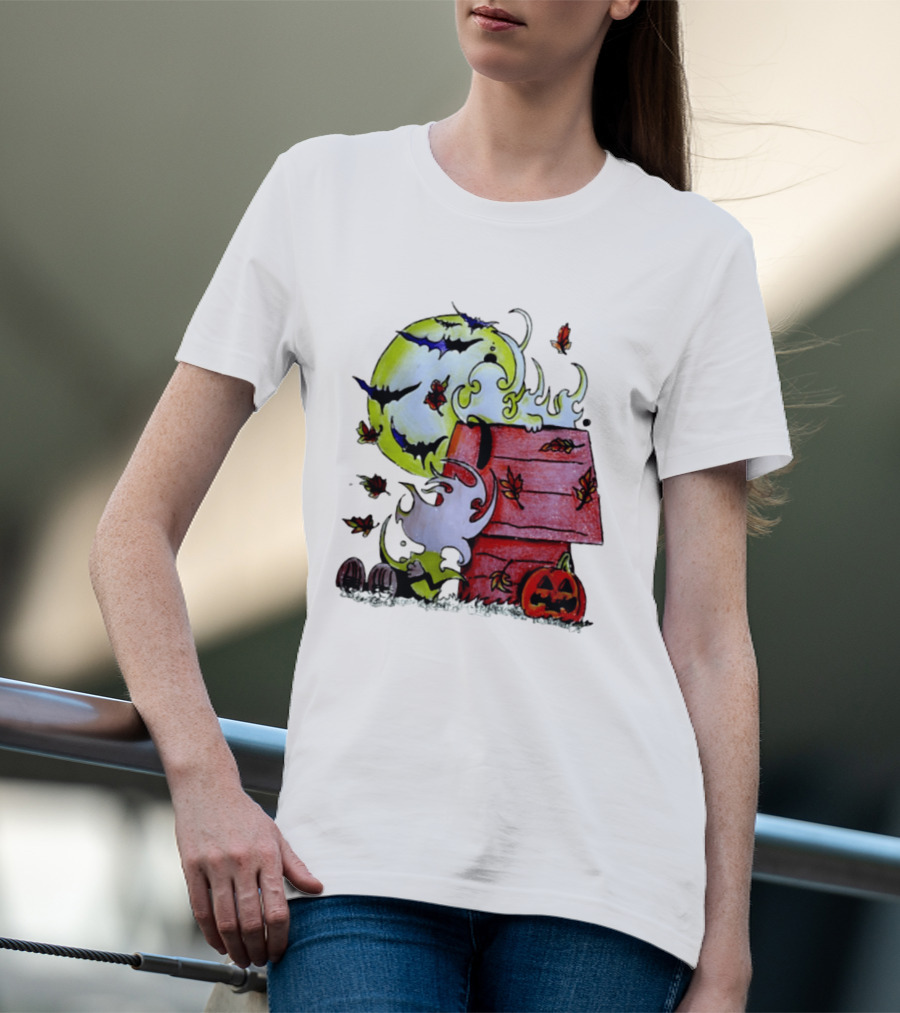 Snoopy Halloween Peanuts Moon Pumpkin Bats And Leaves T-Shirt