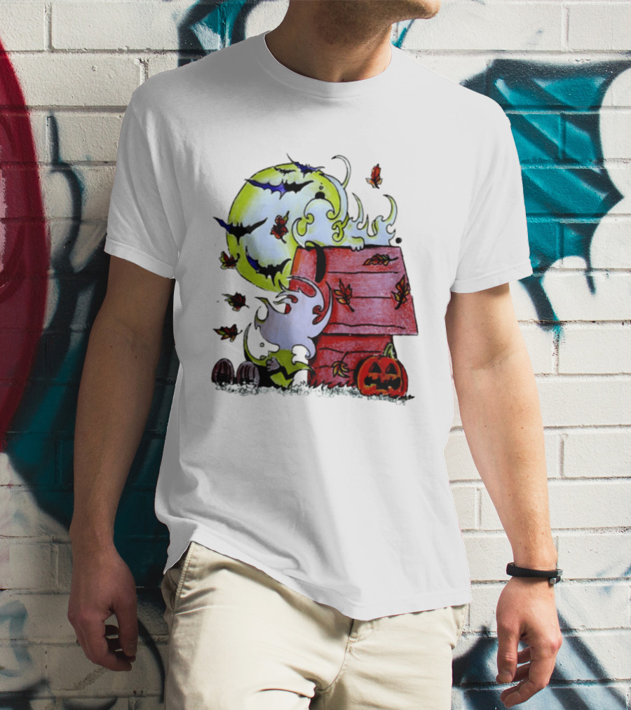 Snoopy Halloween Peanuts Moon Pumpkin Bats And Leaves T-Shirt