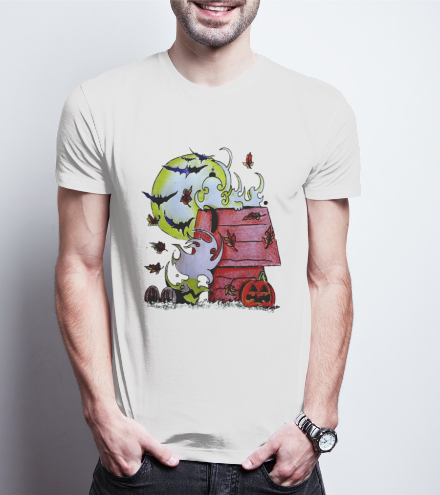 Snoopy Halloween Peanuts Moon Pumpkin Bats And Leaves T-Shirt