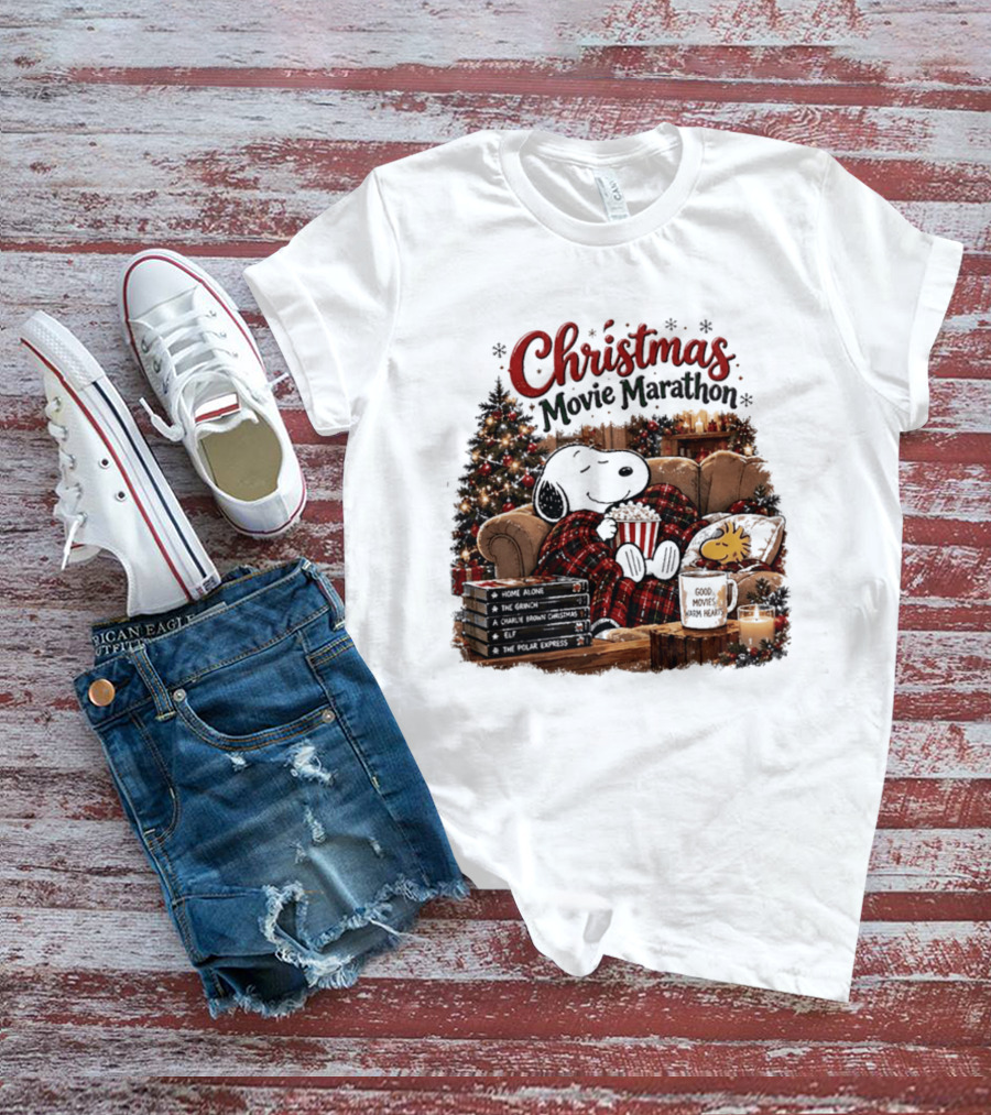 Christmas Movie Marathon Snoopy Popcorn Pajamas T-Shirt