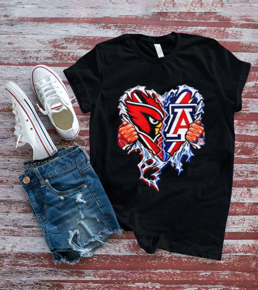 Arizona Cardinals And Wildcats Ripped Heart Dual Team Spirit T-Shirt