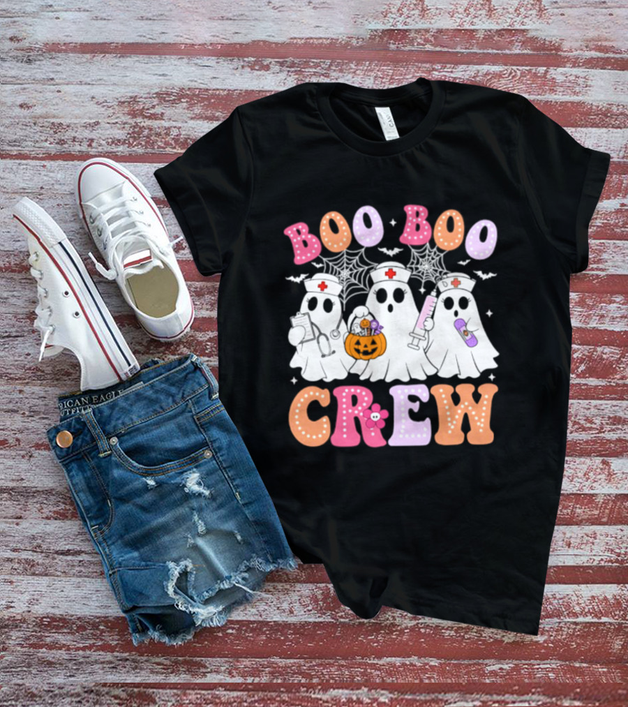 Boo Boo Crew Ghost Nurse Halloween Spooky Pumpkins And Webs T-Shirt
