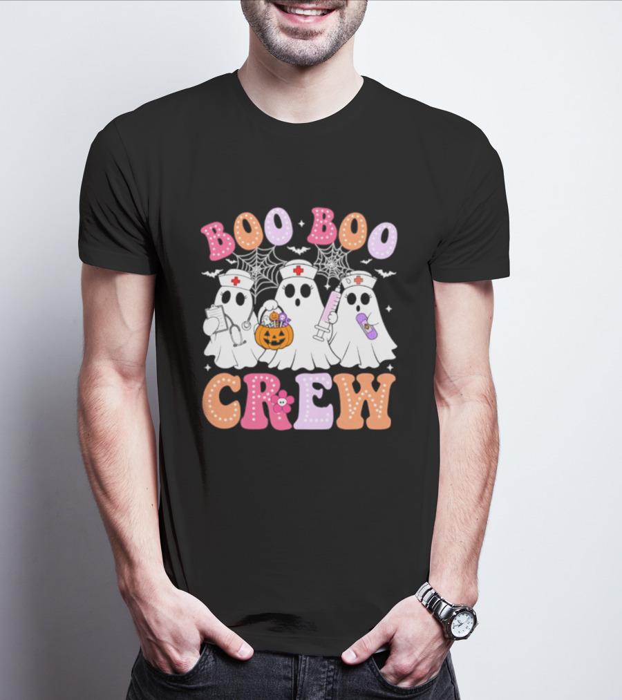 Boo Boo Crew Ghost Nurse Halloween Spooky Pumpkins And Webs T-Shirt