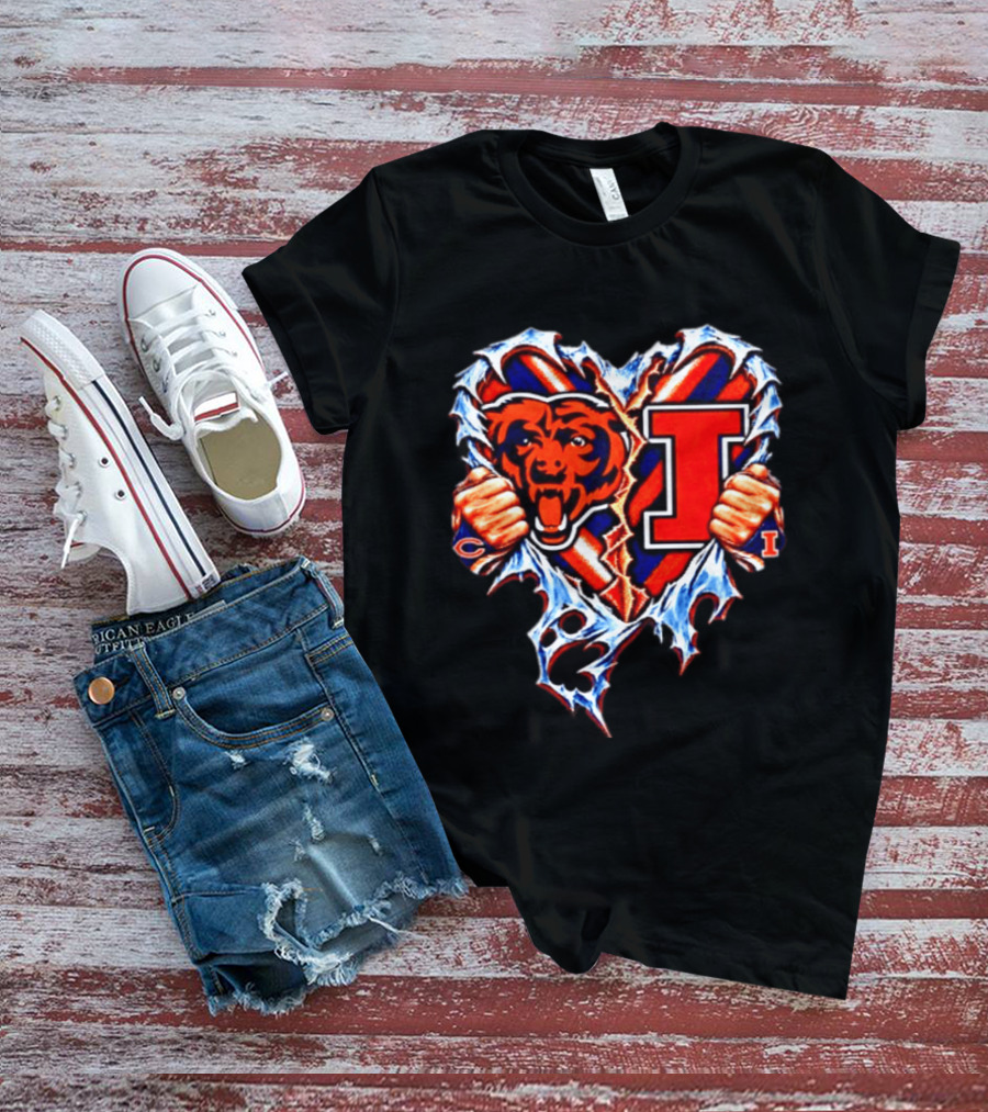 Chicago Bears Illinois Fighting Illini Heart Ripped Chest Mashup T-Shirt