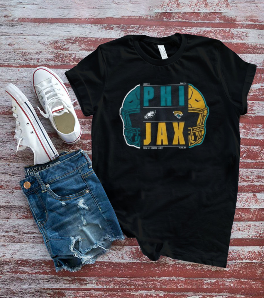 Jacksonville Jaguars Vs Philadelphia Eagles 2026 London Game International City Matchup Football Helmets Logos T-Shirt