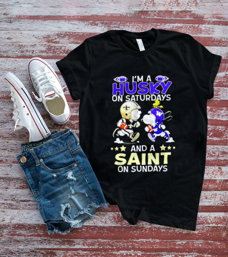 Peanuts I'm A Husky On Saturdays And A Saint On Sundays Football Charlie Brown Snoopy T-Shirt