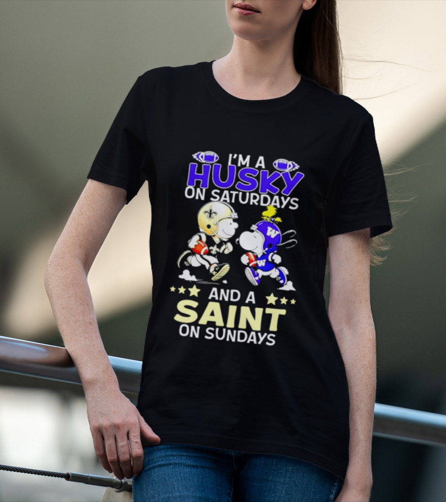 Peanuts I'm A Husky On Saturdays And A Saint On Sundays Football Charlie Brown Snoopy T-Shirt