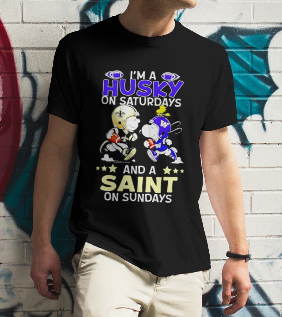 Peanuts I'm A Husky On Saturdays And A Saint On Sundays Football Charlie Brown Snoopy T-Shirt