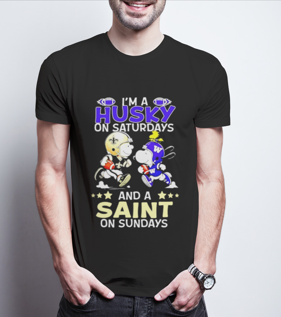 Peanuts I'm A Husky On Saturdays And A Saint On Sundays Football Charlie Brown Snoopy T-Shirt
