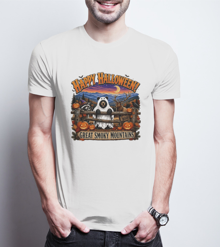 Happy Halloween Boo Great Smoky Mountains Bear Raccoon Deer T-Shirt
