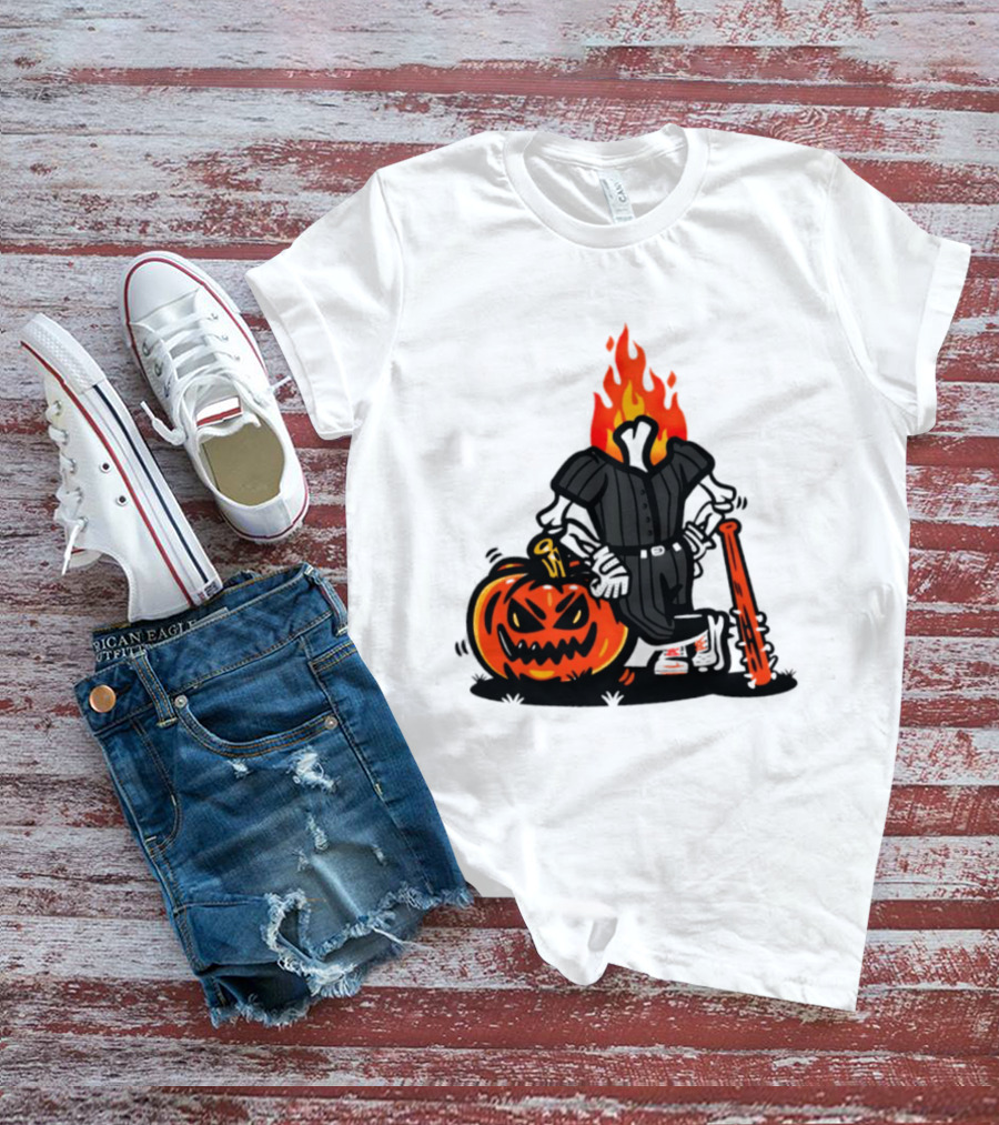 Flaming Pumpkin Head Baseball Player 2026 Halloween T-Shirt