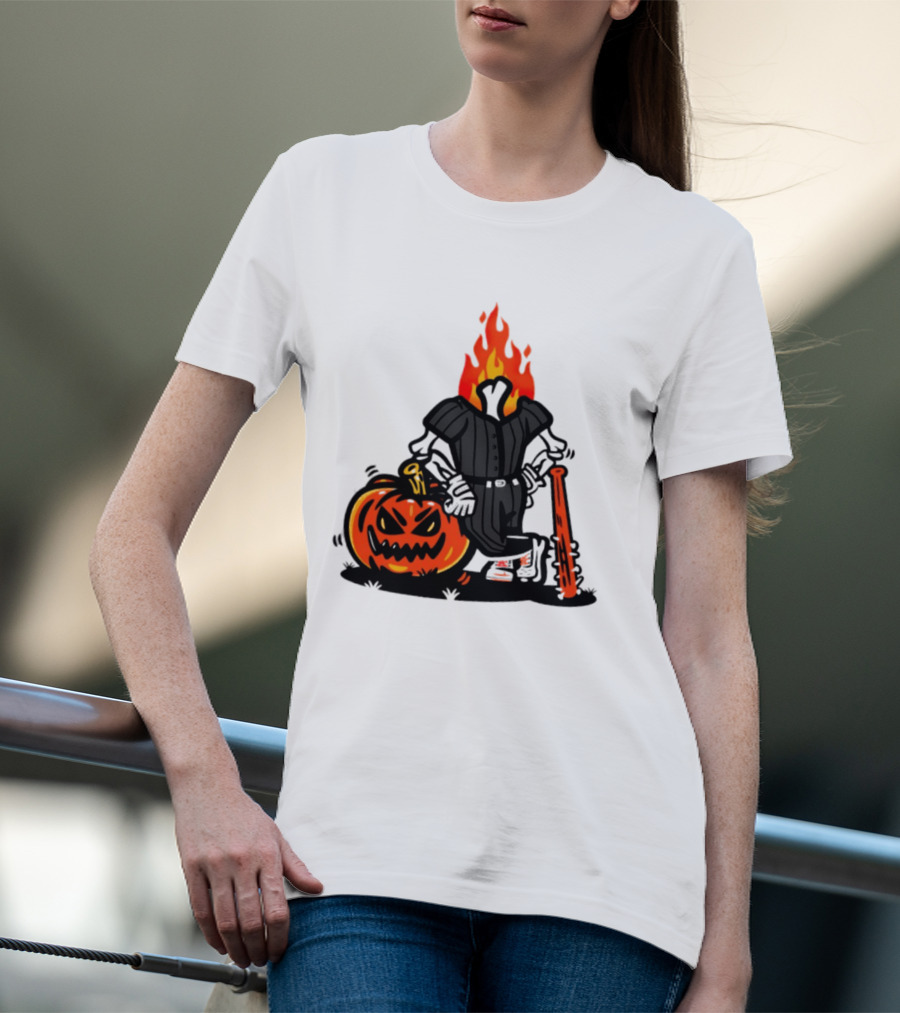 Flaming Pumpkin Head Baseball Player 2026 Halloween T-Shirt