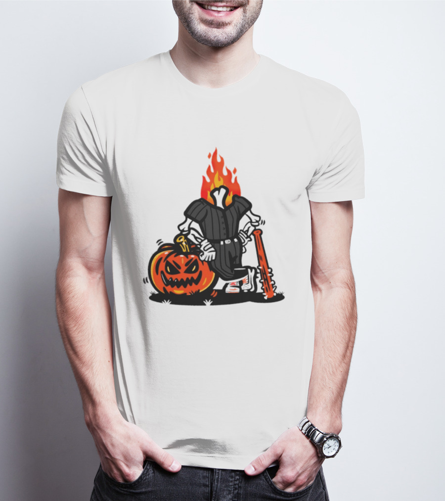 Flaming Pumpkin Head Baseball Player 2026 Halloween T-Shirt