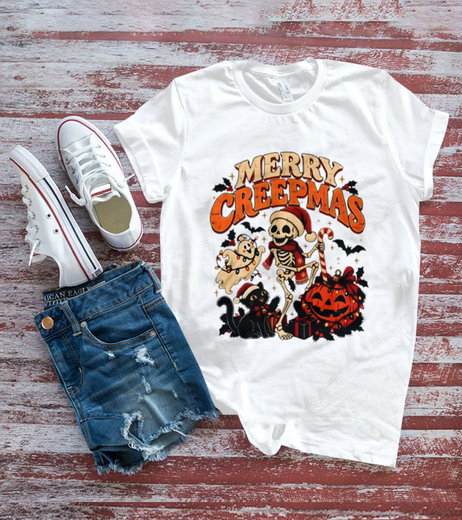 Merry Creepmas Skeleton Ghost Black Cat Pumpkin Holiday Scene T-Shirt