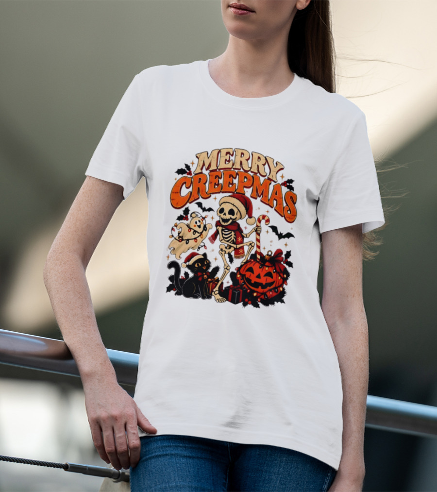 Merry Creepmas Skeleton Ghost Black Cat Pumpkin Holiday Scene T-Shirt