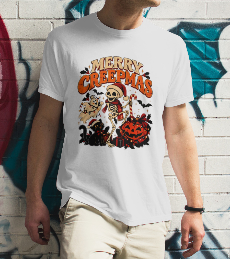 Merry Creepmas Skeleton Ghost Black Cat Pumpkin Holiday Scene T-Shirt