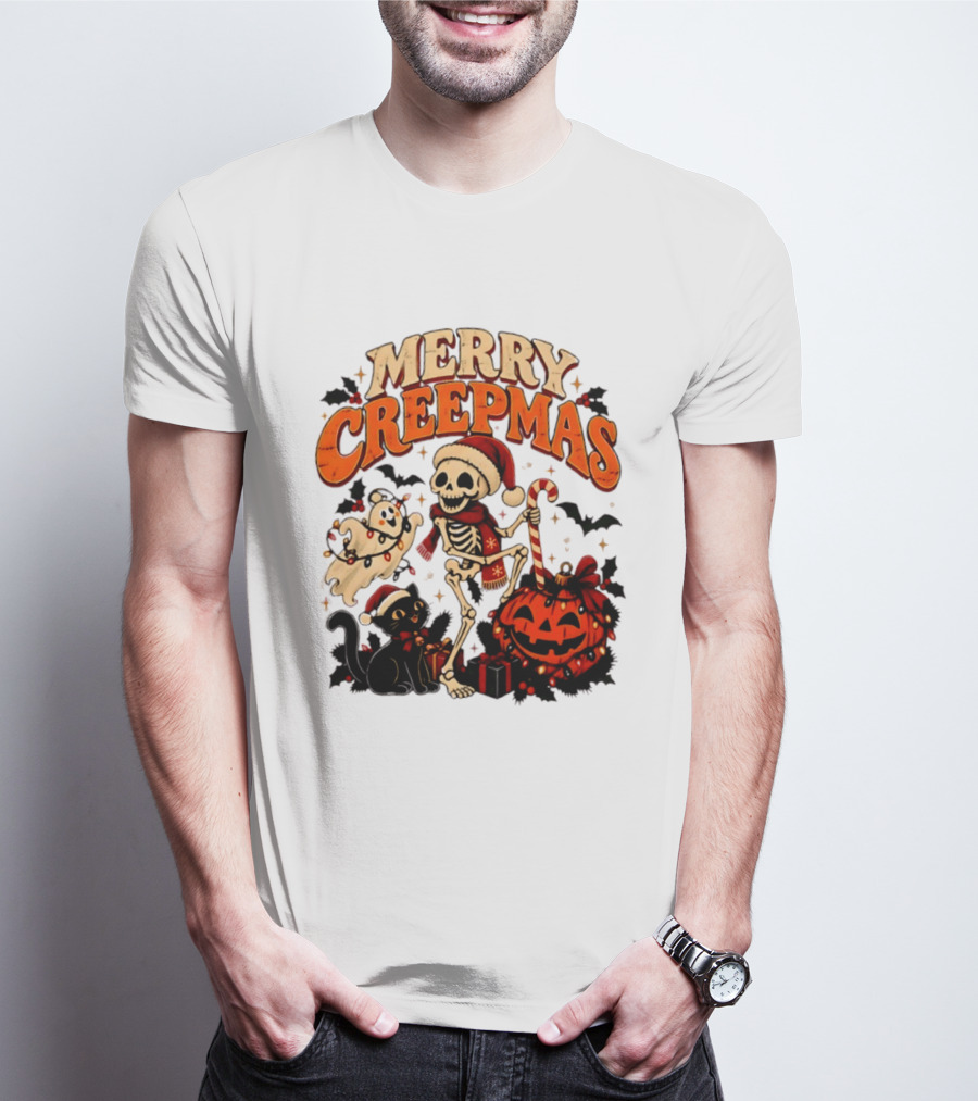 Merry Creepmas Skeleton Ghost Black Cat Pumpkin Holiday Scene T-Shirt