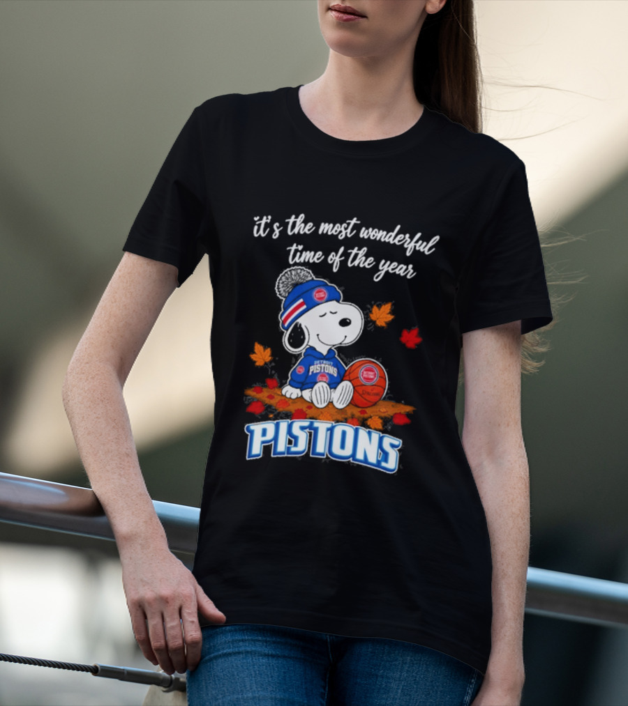 Detroit Pistons Snoopy Autumn Football It's The Most Wonderful Time Of The Year T-Shirt