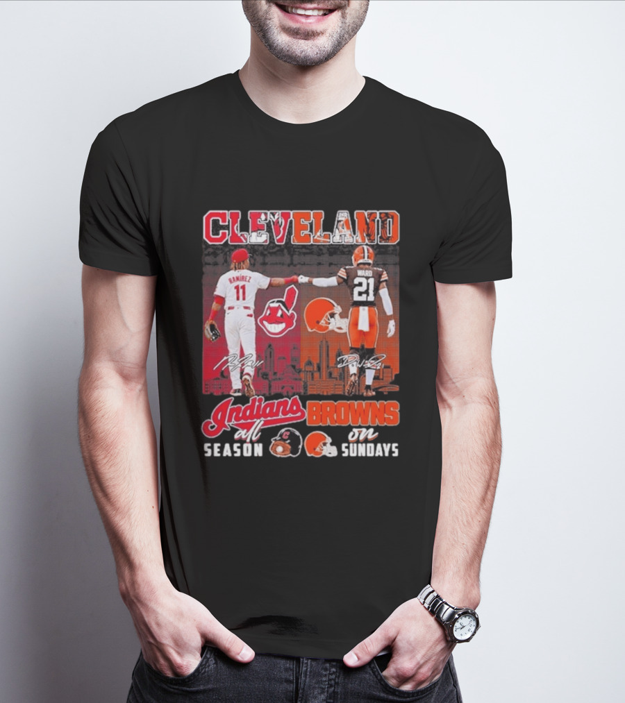Cleveland José Ramírez Fist Bump Denzel Ward Indians All Season Browns On Sundays City Skyline T-Shirt