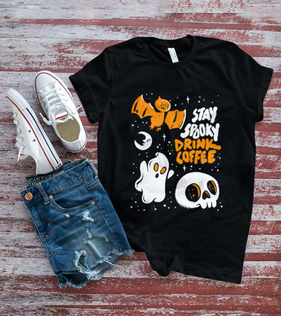 Stay Spooky Drink Coffee Halloween Ghost With Bat Skull And Moon T-Shirt