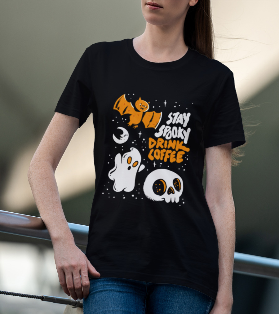 Stay Spooky Drink Coffee Halloween Ghost With Bat Skull And Moon T-Shirt