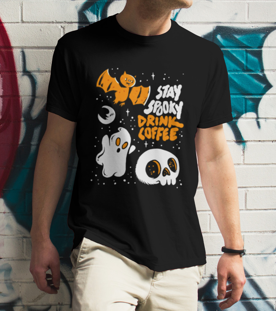 Stay Spooky Drink Coffee Halloween Ghost With Bat Skull And Moon T-Shirt