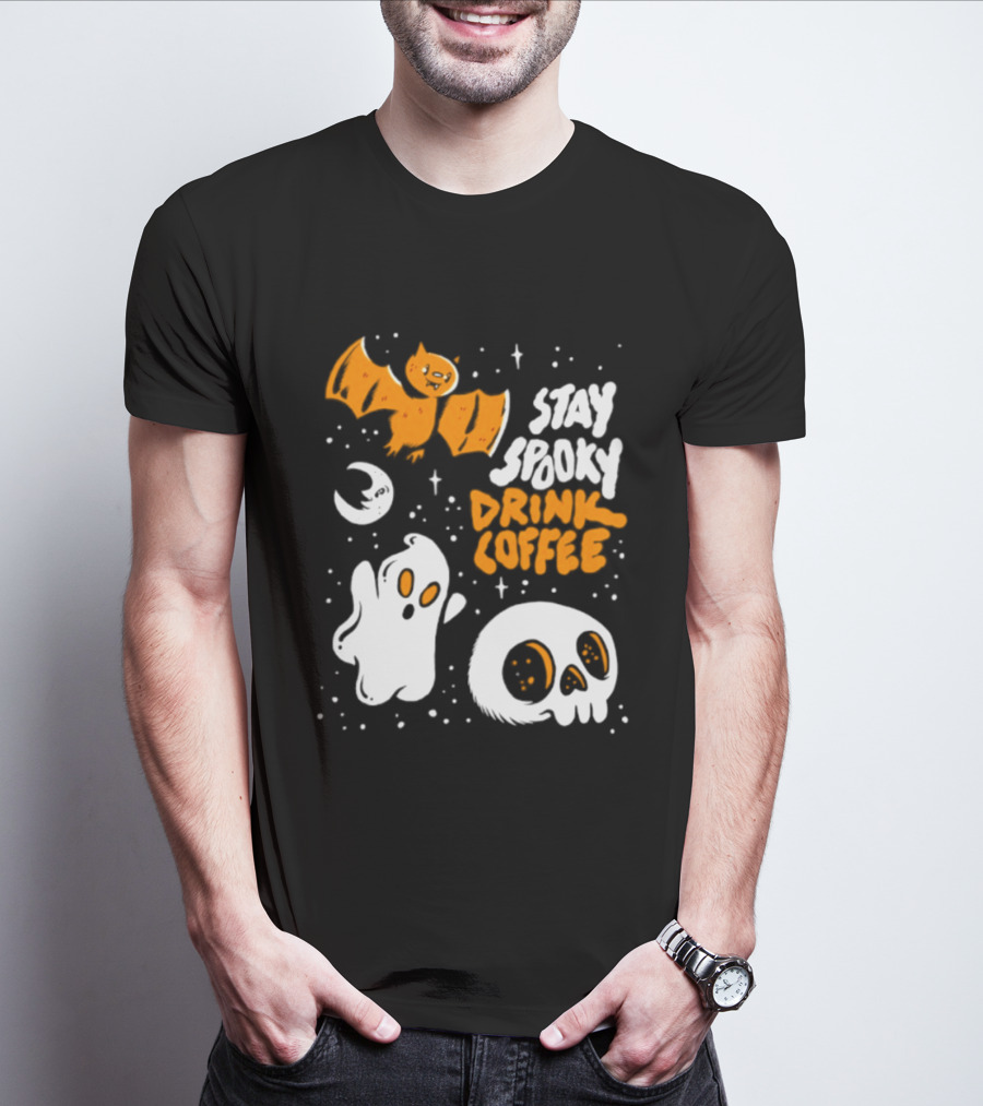 Stay Spooky Drink Coffee Halloween Ghost With Bat Skull And Moon T-Shirt