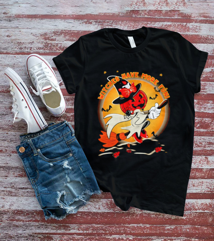 Witches Have More Fun Pumpkin Witch Riding Broomstick Halloween Magic T-Shirt