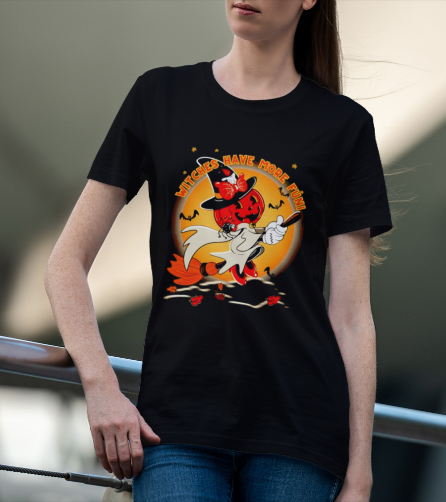 Witches Have More Fun Pumpkin Witch Riding Broomstick Halloween Magic T-Shirt