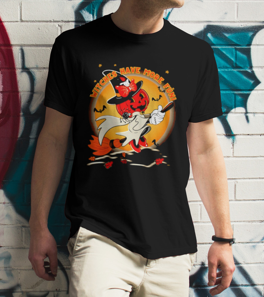 Witches Have More Fun Pumpkin Witch Riding Broomstick Halloween Magic T-Shirt