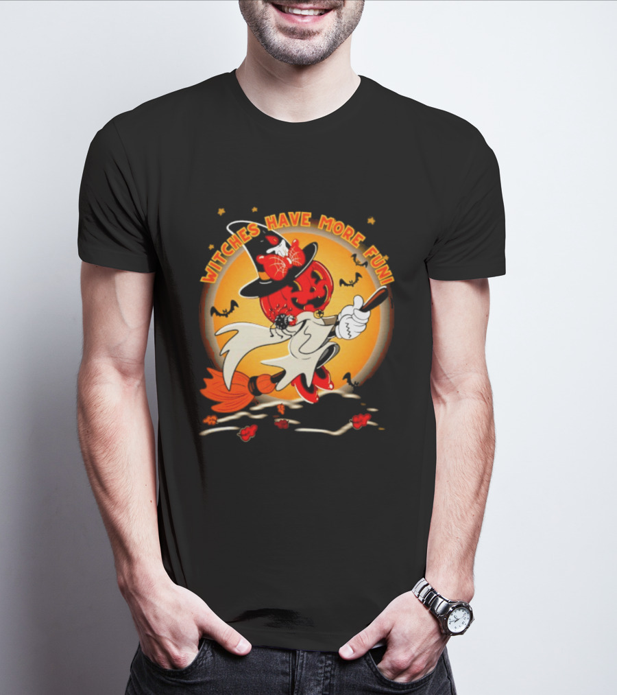 Witches Have More Fun Pumpkin Witch Riding Broomstick Halloween Magic T-Shirt